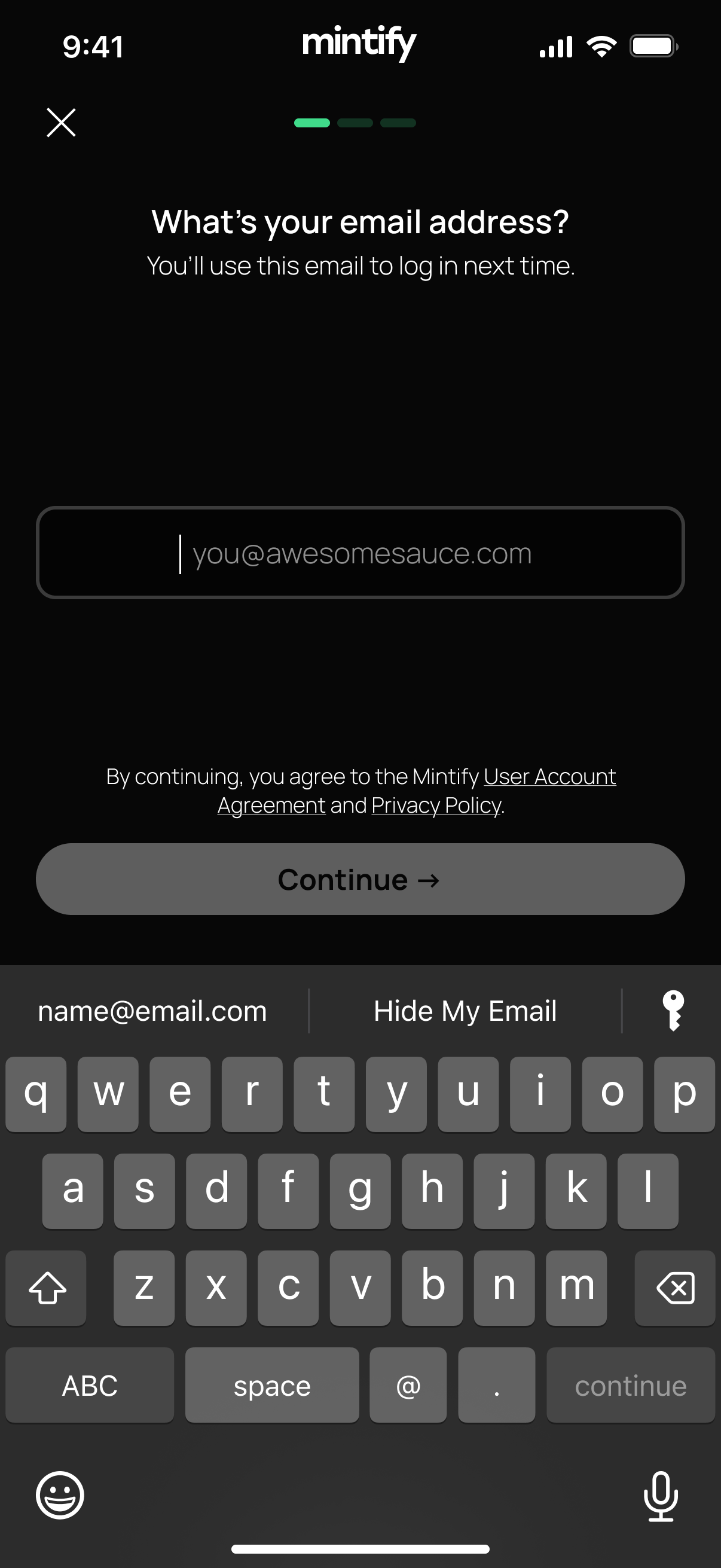 Email sign up screen