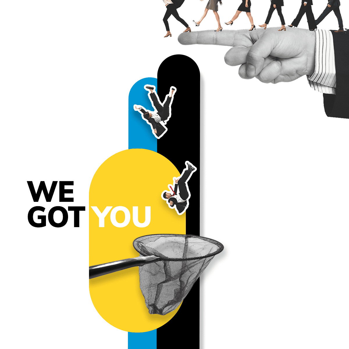 ACD We Got You social graphic with people falling from a pointing hand caught by safety net in blue yellow and black branding
