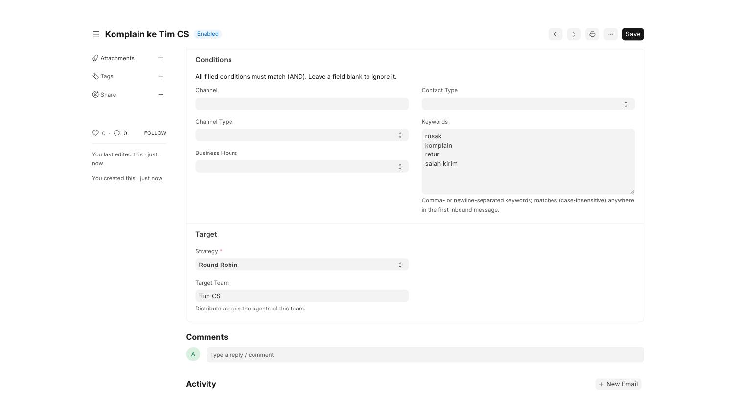 Form Assignment Rule Sopwer Inbox dengan kondisi kata kunci dan target tim