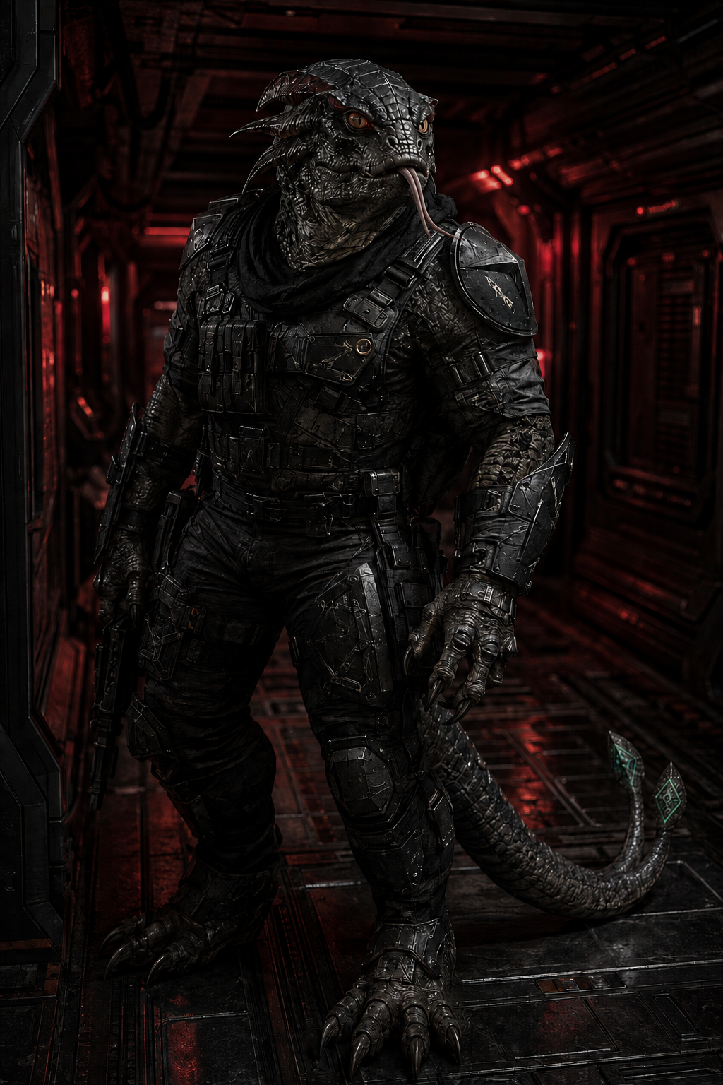 A Markob warrior in heavy black tactical armor with technological attachments, featuring rough textured dark scales, multiple amber eyes, curved horns, and a segmented tail, standing in a red-lit industrial ship corridor