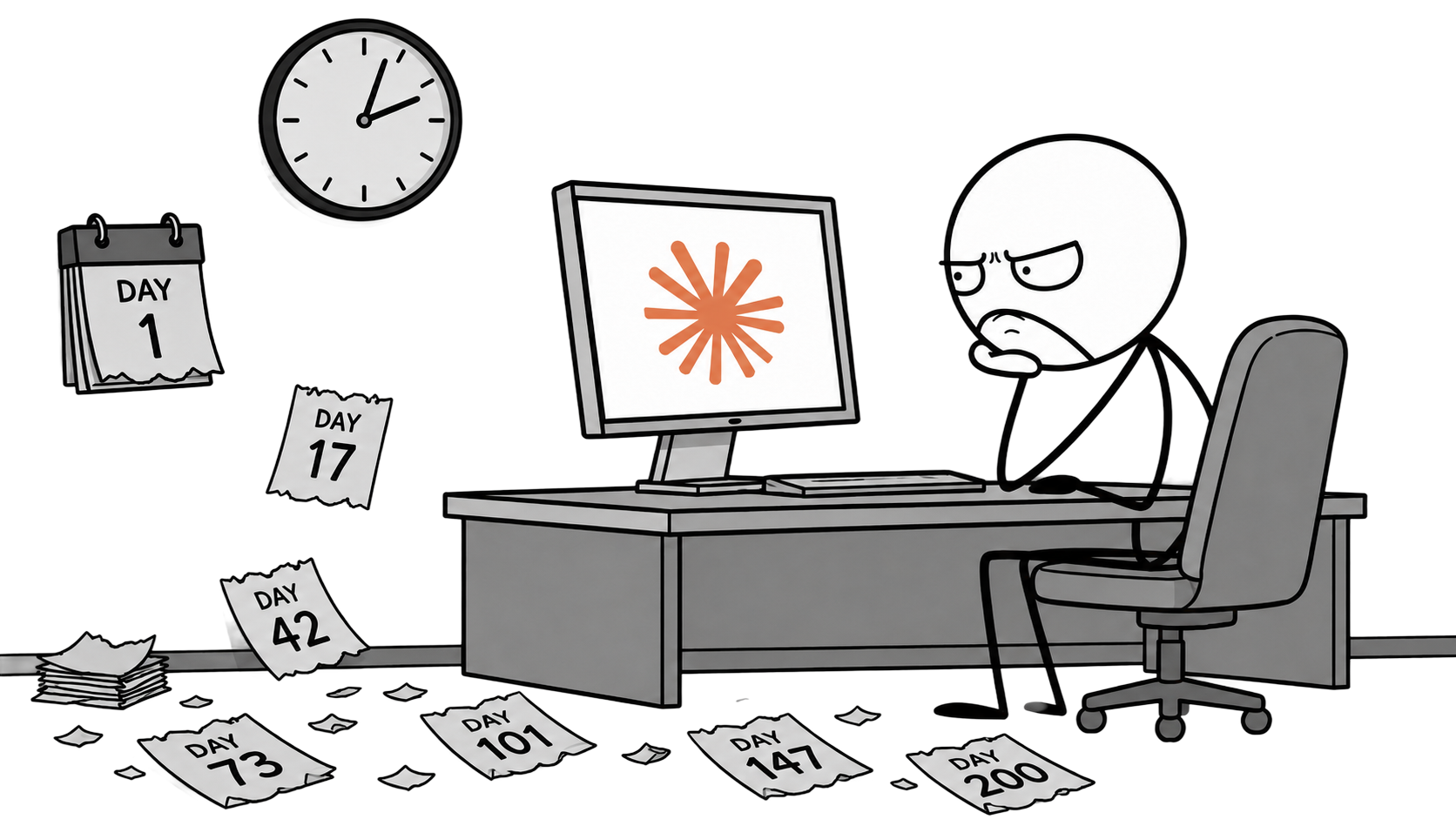 Illustration of a stick figure slumped at a desk, staring at a monitor showing the CUCK sunburst logo, surrounded by torn calendar pages counting up the days waiting for a response.