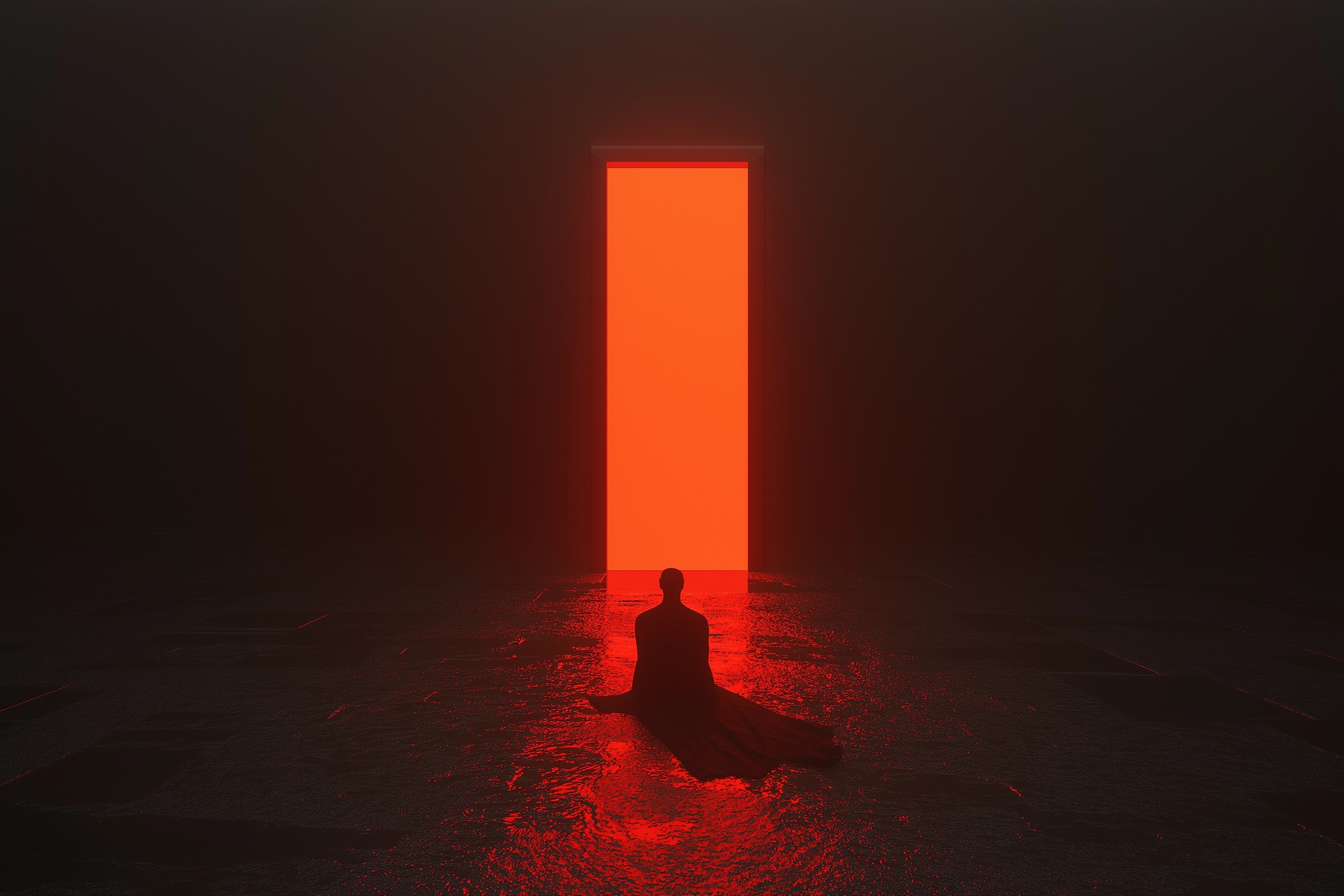 Silhouetted figure sitting before a glowing orange portal in darkness