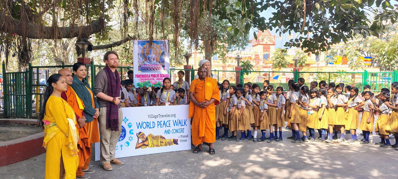 World Peace Walk group at Panchasila Public School Bodhgaya with monks and children