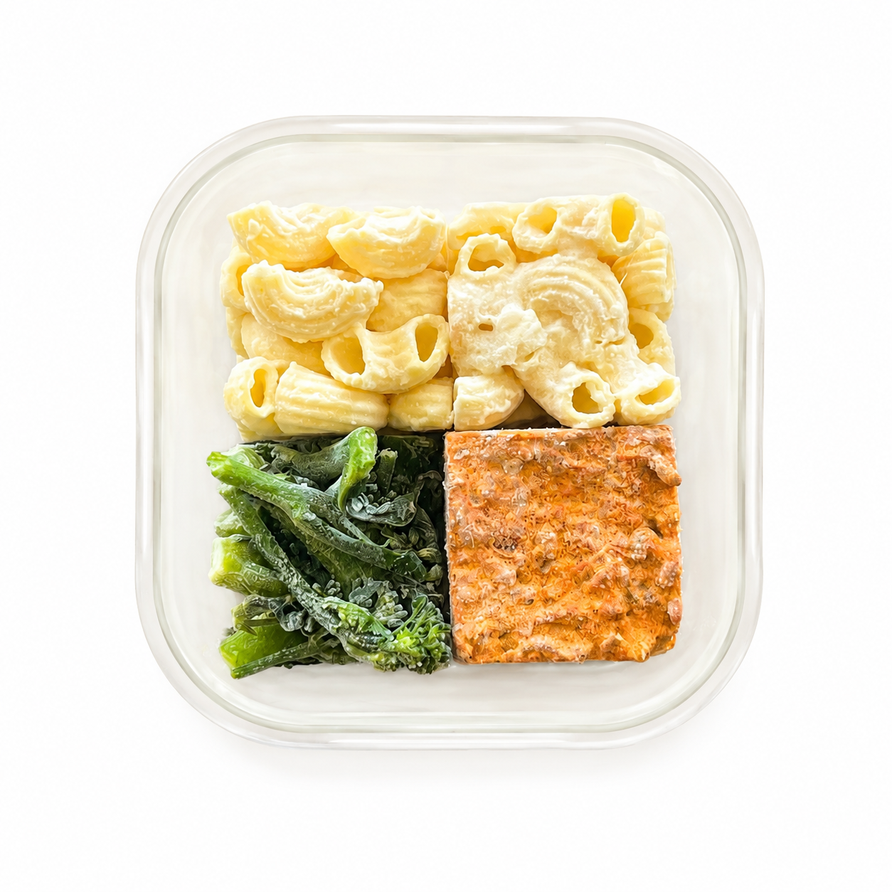 Complete Mealy meal — pasta, vegetable and protein cubes in a glass container