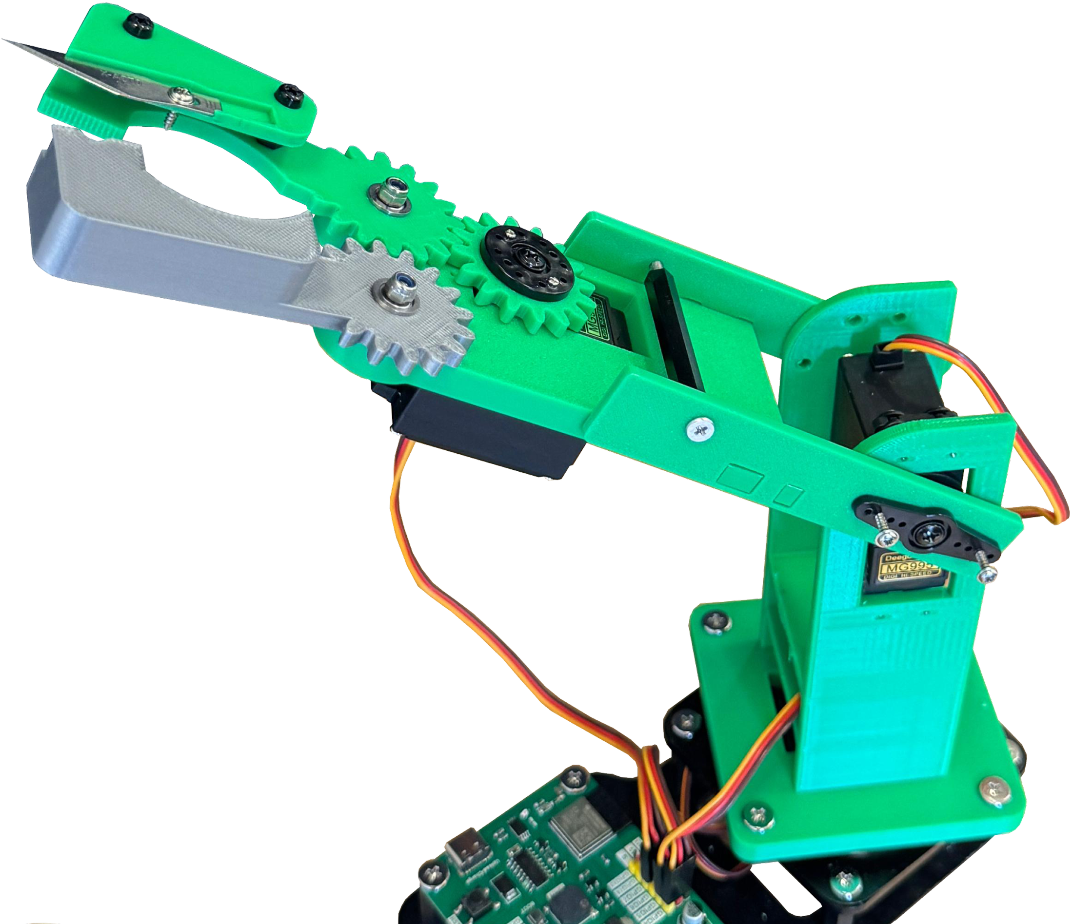 Snipit robotic harvesting arm with green 3D-printed structure, gear mechanism, and cutting blade on black background