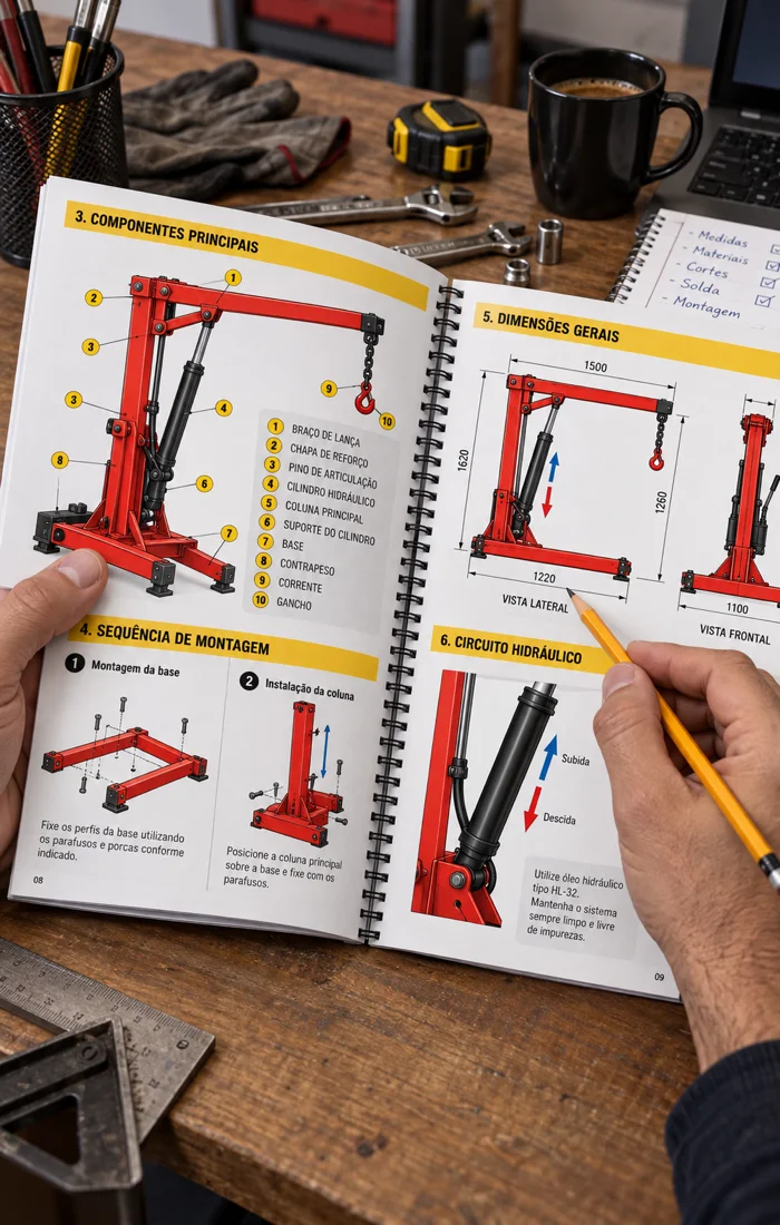 Manual técnico com componentes principais, medidas e montagem