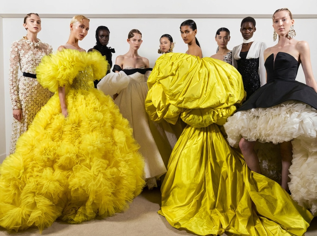 High fashion models in elegant couture gowns