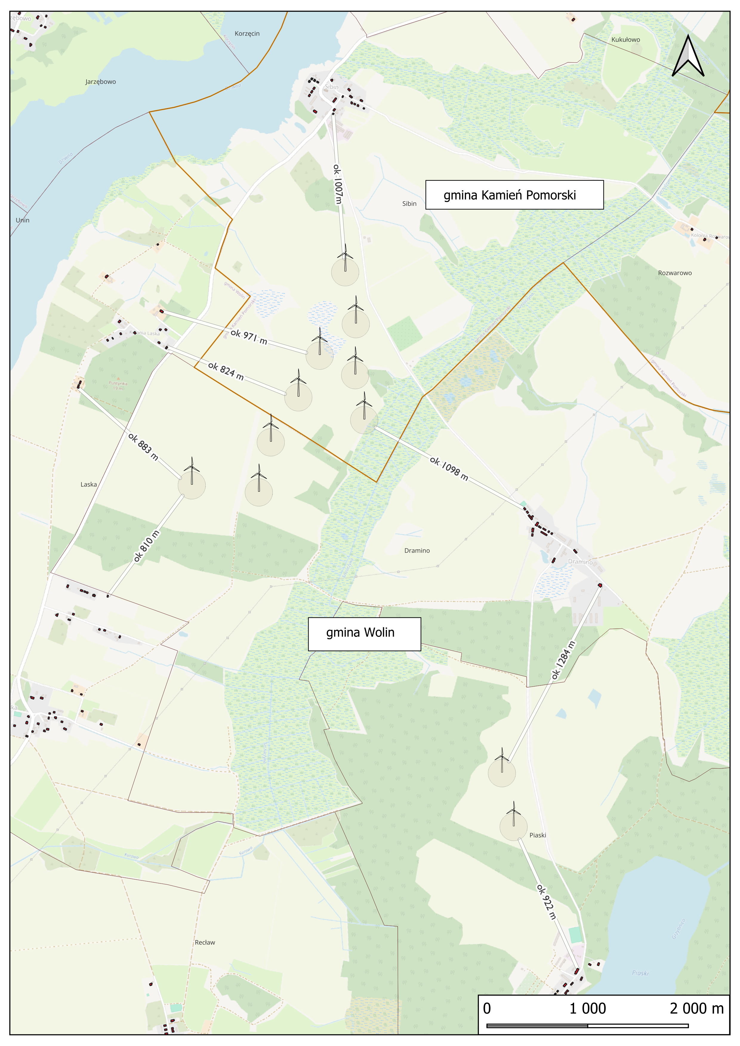 Mapa lokalizacji turbin wiatrowych FW Recław – widoczne sołectwa Sibin, Laska i Piaski Wielkie z zaznaczonymi odległościami od zabudowań
