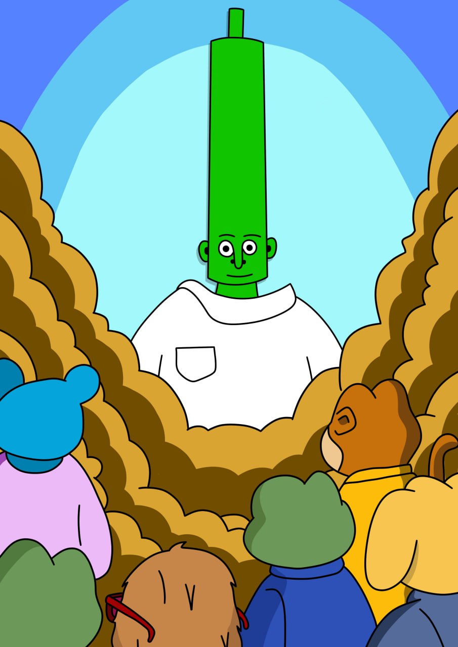 Fred emerging from clouds with colorful characters watching