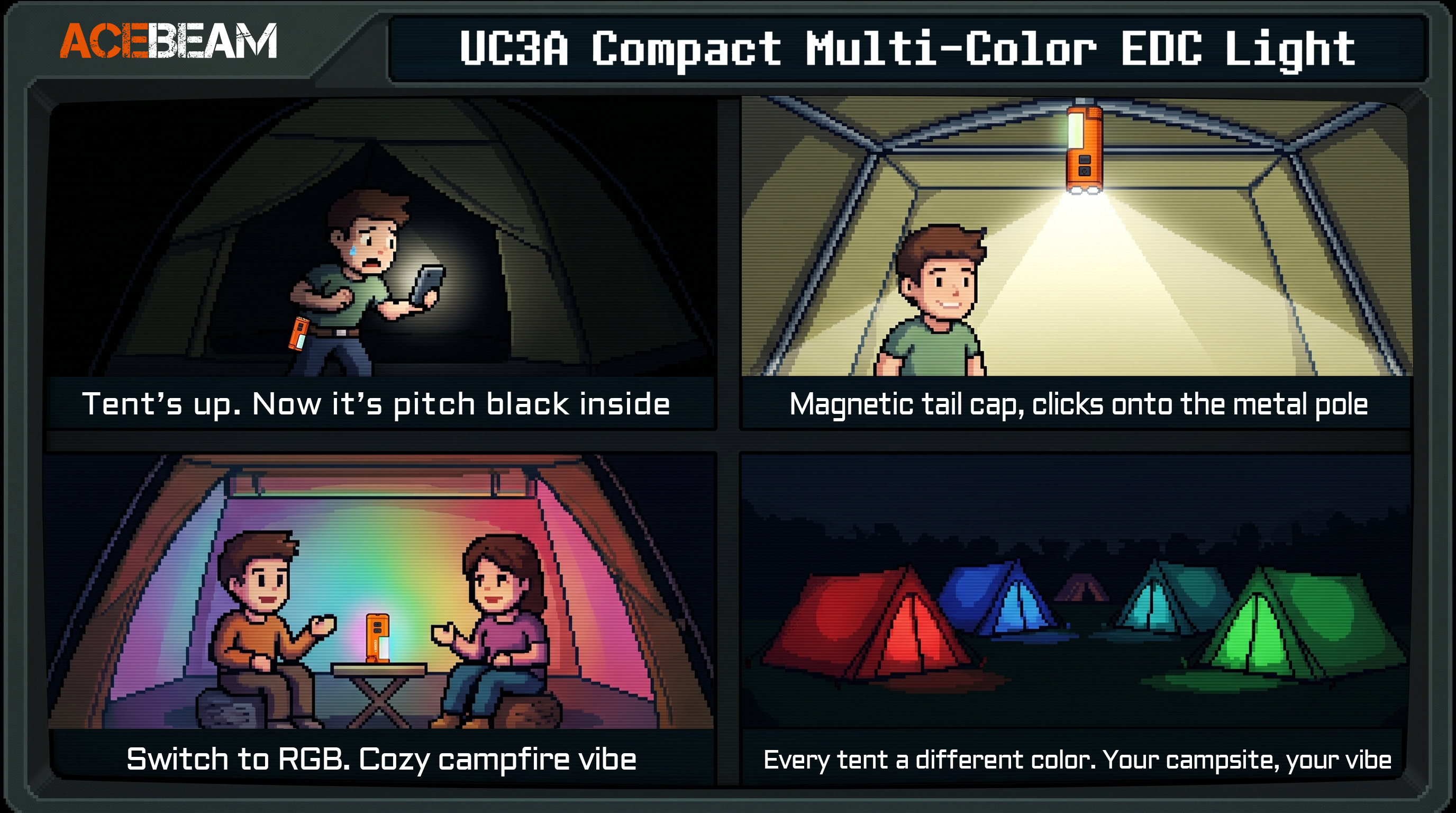 Camping tent scenes - magnetic attachment, RGB lighting, colorful tents at night