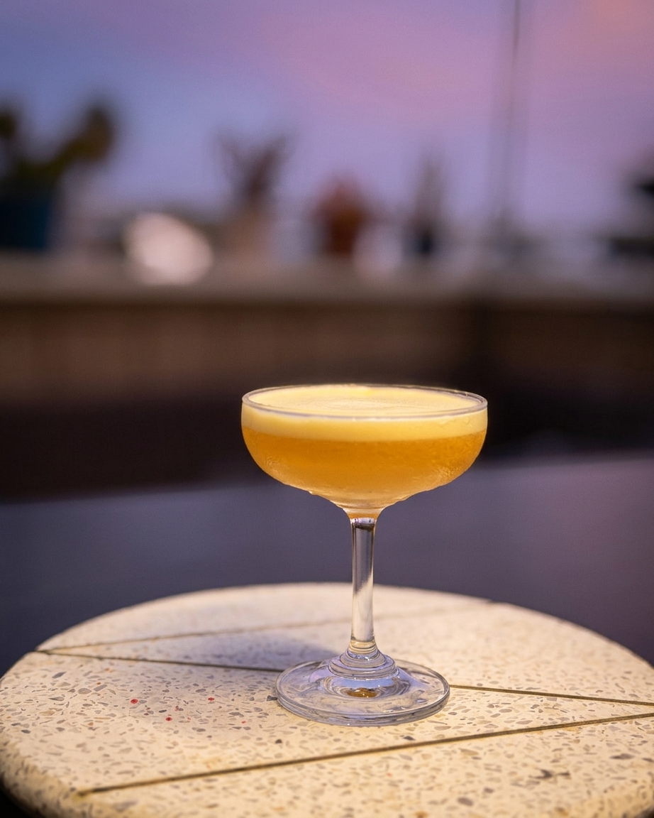 Golden amber cocktail at sunset