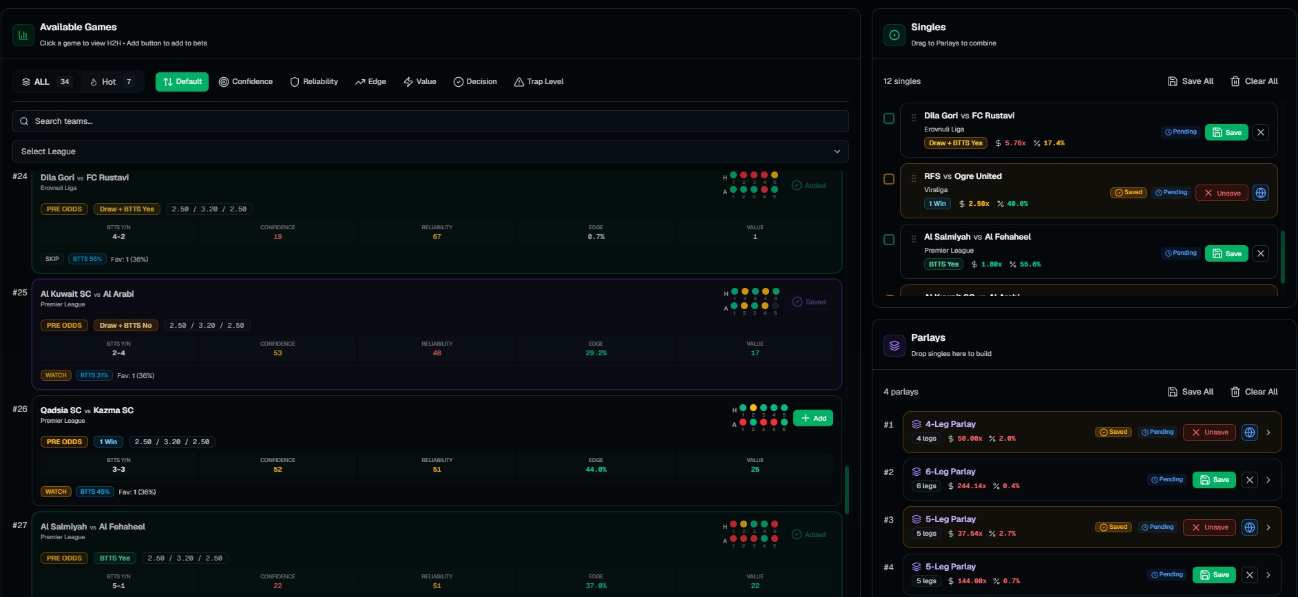 StatsEdge Pro dashboard showing available games with analysis and parlay builder