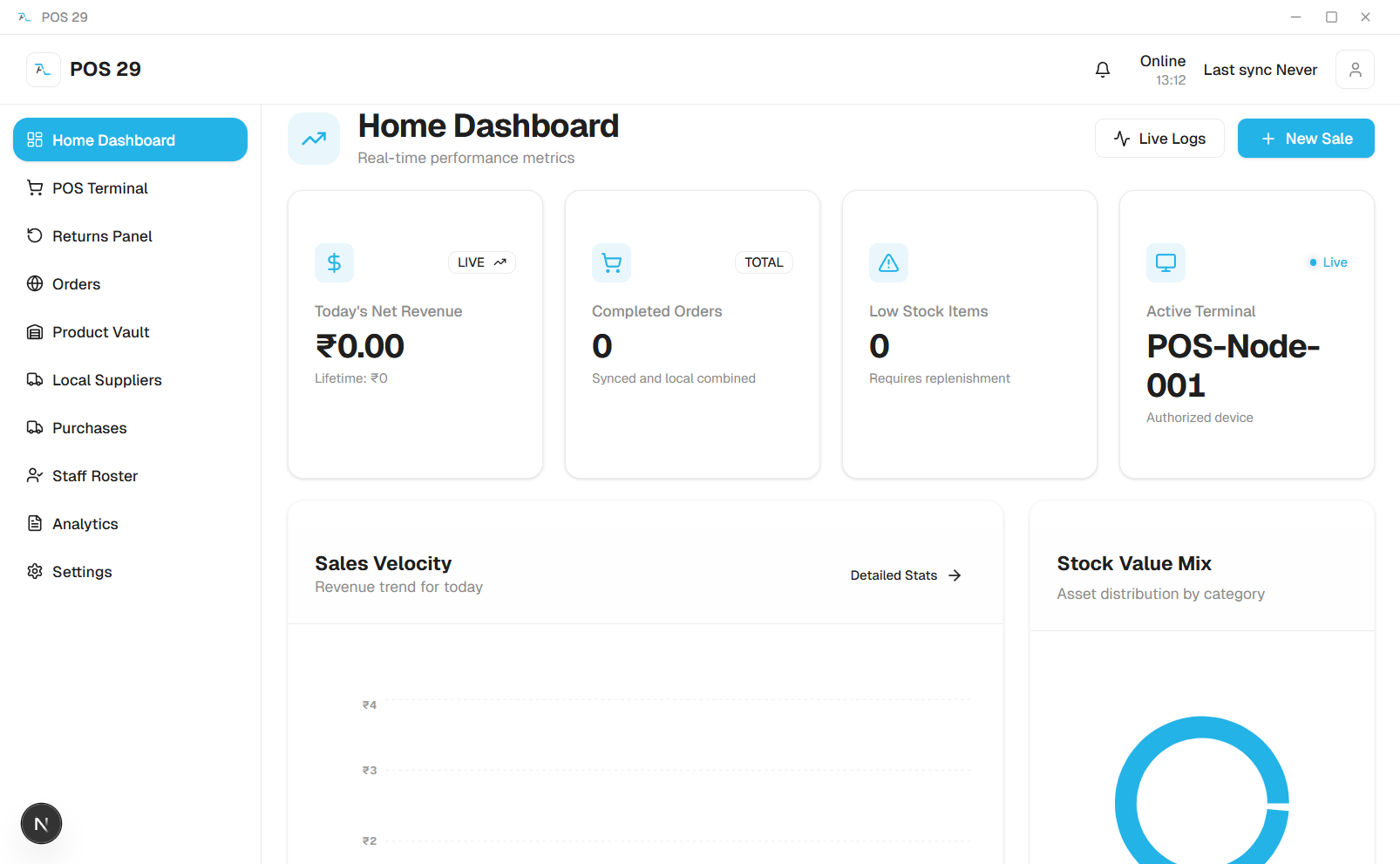 POS 29 Home Dashboard showing real-time revenue, completed orders, low stock alerts and sales velocity chart