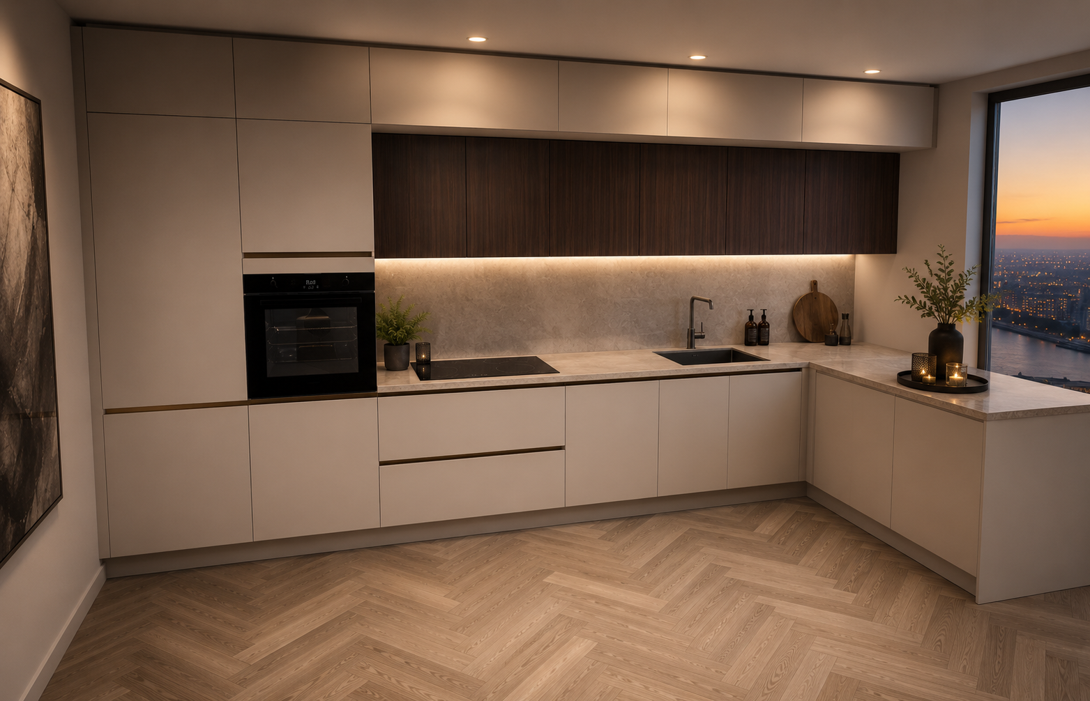 Crème hoek keuken met stadsuitzicht bij zonsondergang
