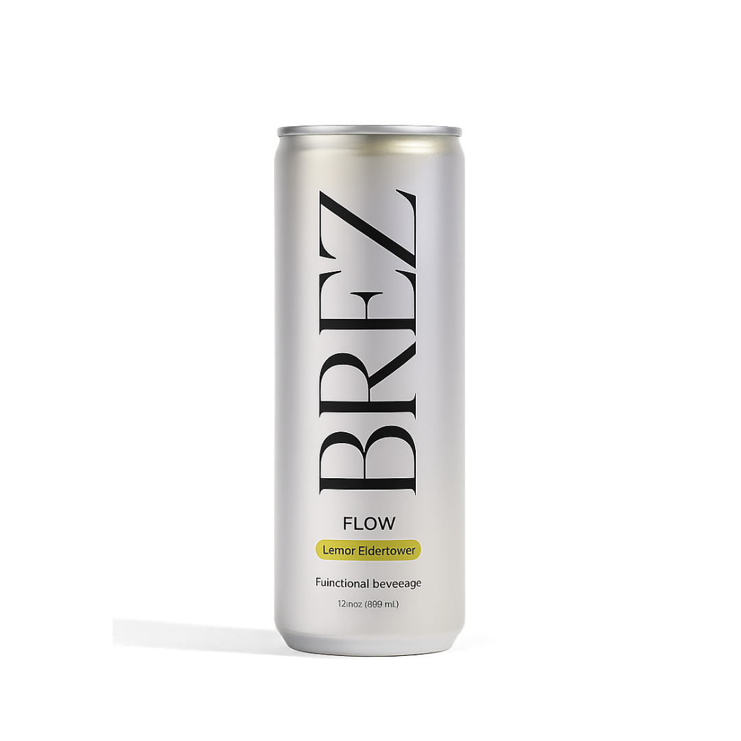 BREZ Flow champagne aluminum can with serif typography rendered with editorial side light