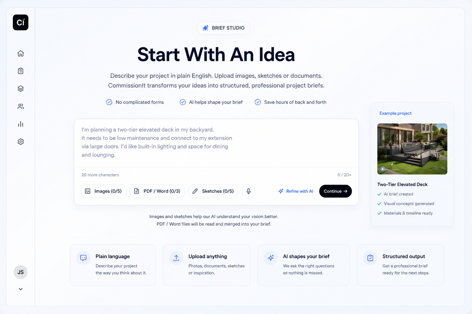 Brief Studio — describe your project in plain English with AI refinement