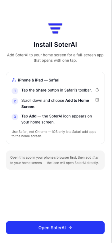 iPhone and iPad Safari install steps for SoterAI