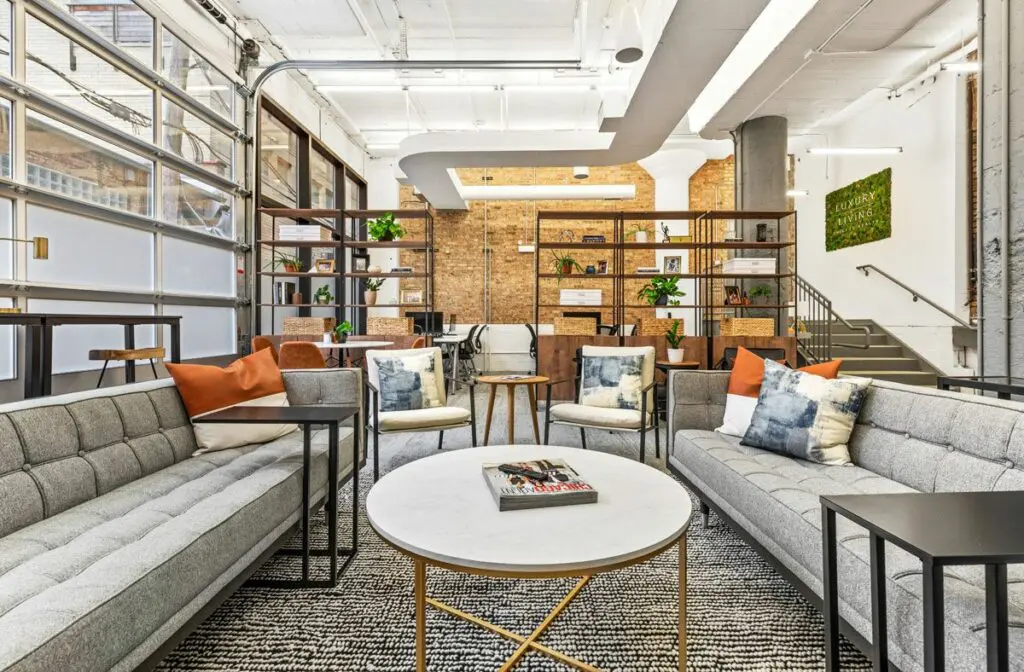 Modern coworking lounge with comfortable seating