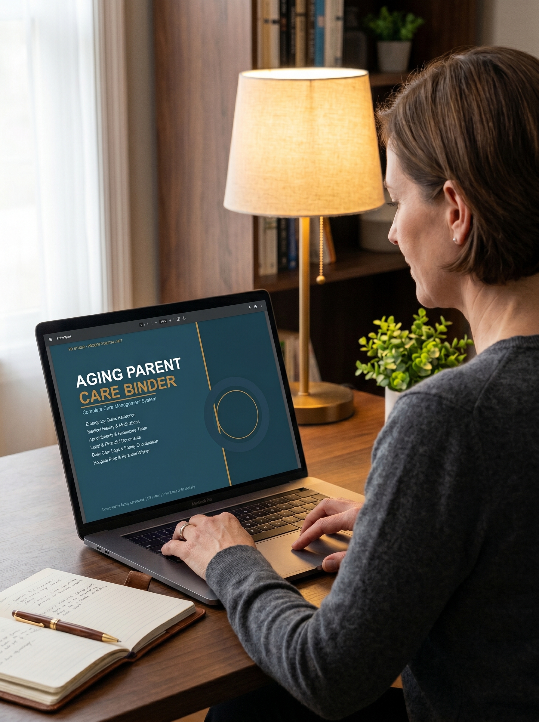 Woman using laptop at home office viewing the Aging Parent Care Binder