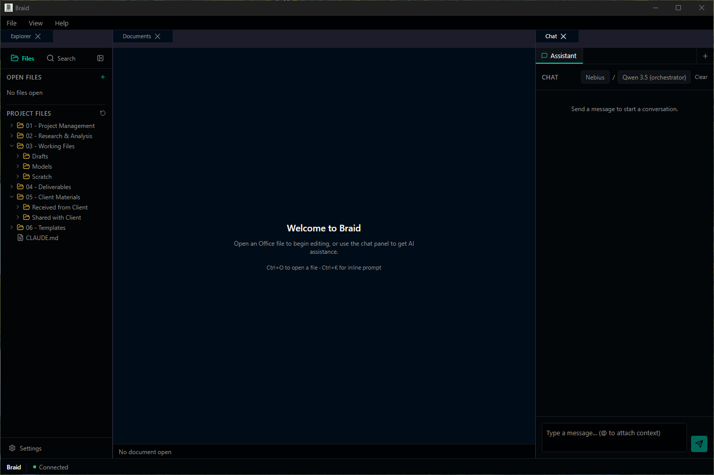 Braid OS welcome screen with project files panel