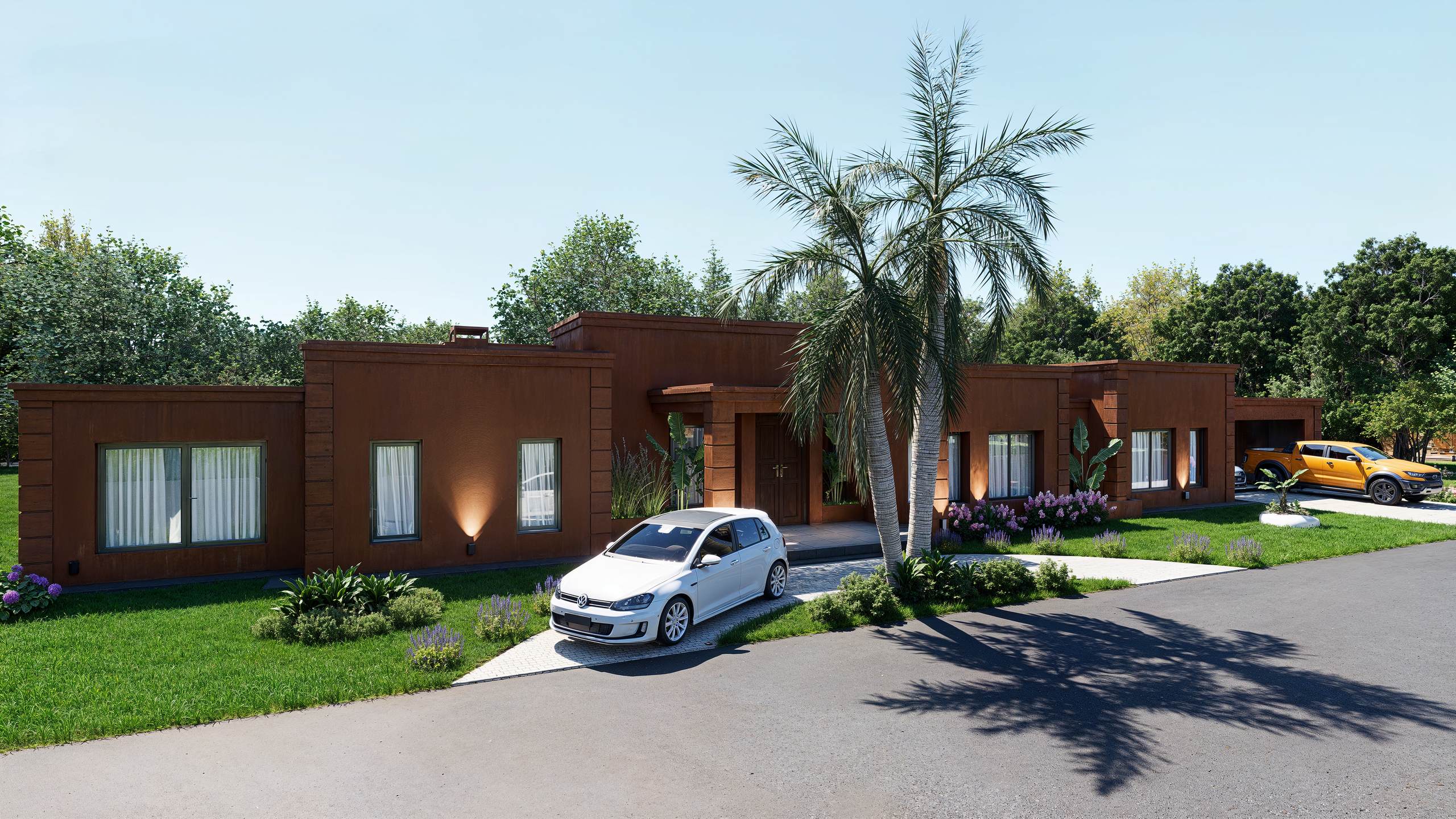 Fachada frontal con palmera, acceso principal y cochera lateral