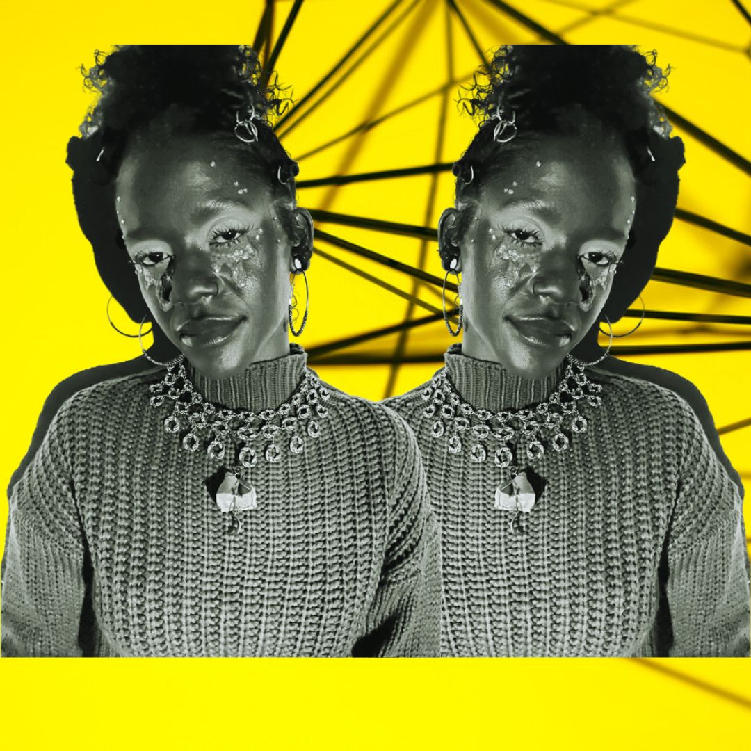 Mirrored double portrait on yellow background with spider-web shadows