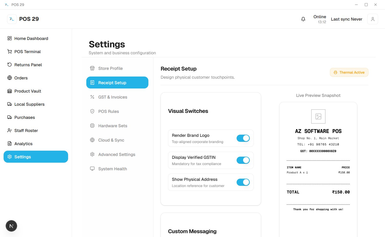 Settings Receipt Setup screen with visual switches for logo, GSTIN display and address alongside a live receipt preview