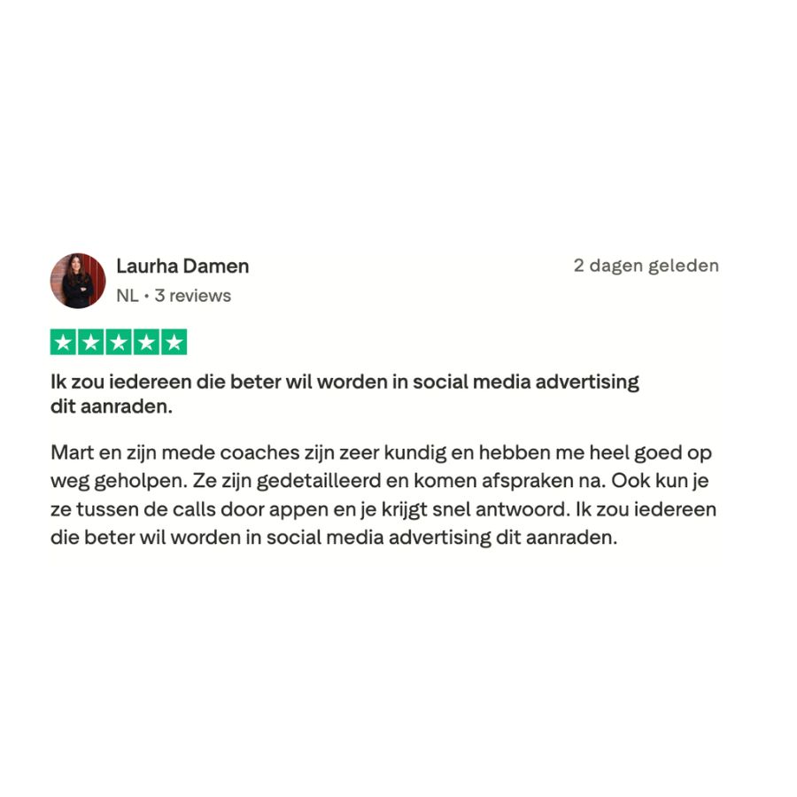 Trustpilot review van Laurha Damen - aanrader voor social media advertising