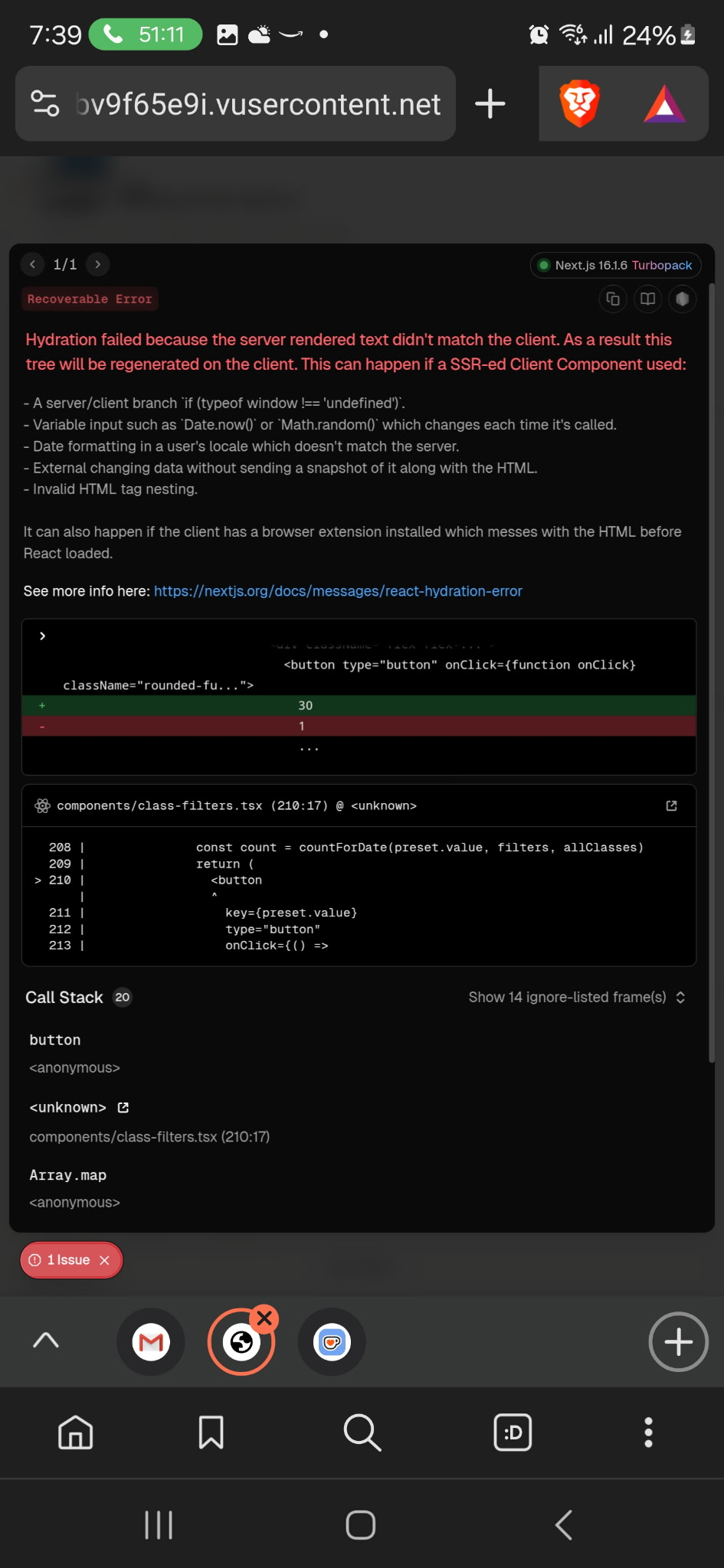 Next.js hydration error screen showing detailed error message and code stack trace during debugging