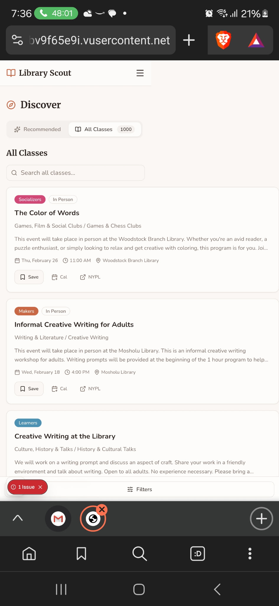 Library Scout first iteration on mobile showing the Discover page with class listings and 1 Issue error badge