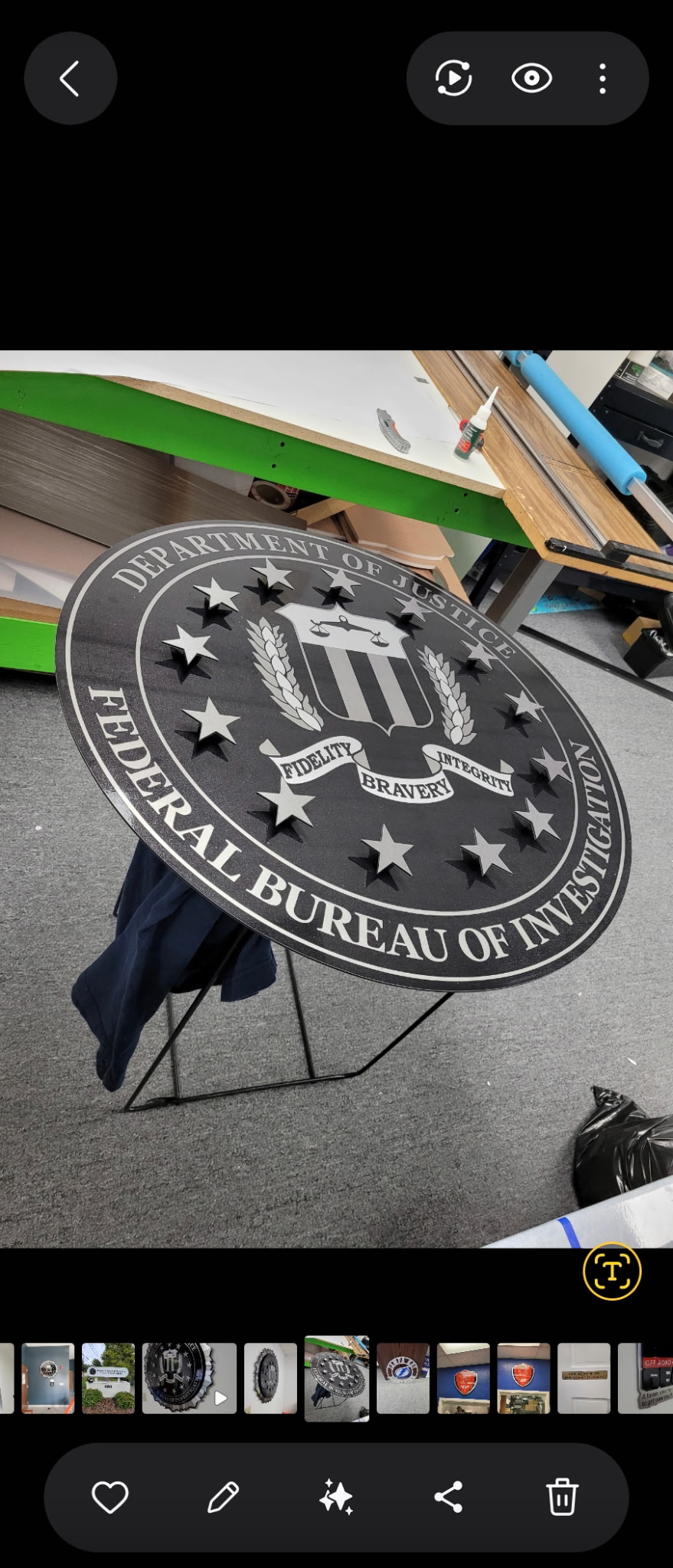 Federal Bureau of Investigation dimensional seal fabricated in gunmetal with 3D raised stars and text