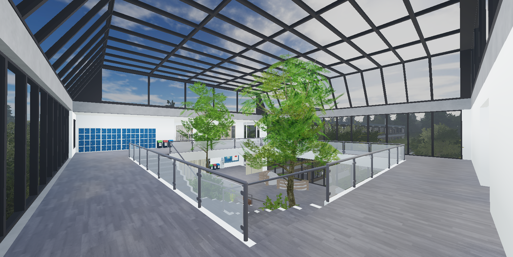 Hall vitré avec arbres intérieurs