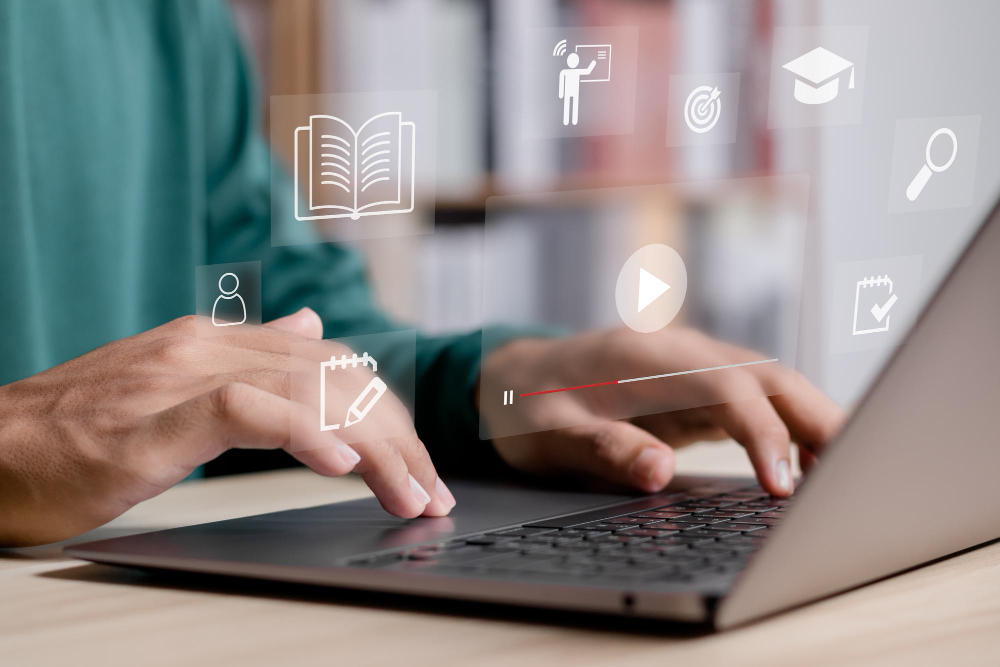 Educación digital y aprendizaje en línea con iconos de educación flotantes