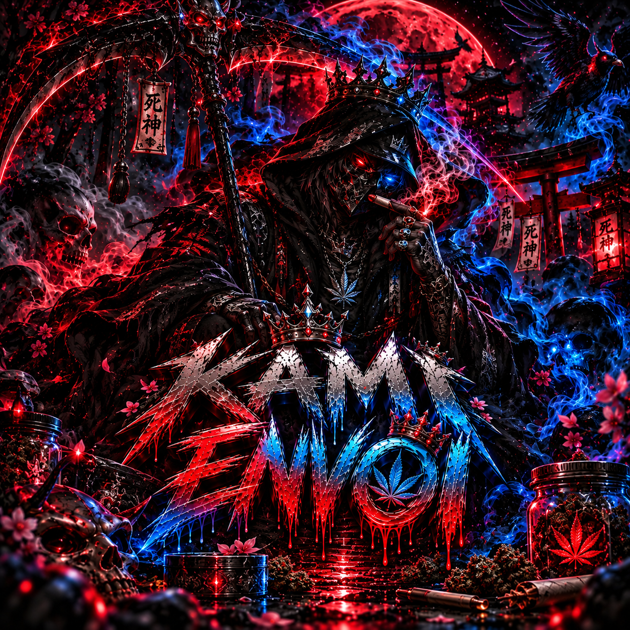 KAMI Envoi: a crowned hooded reaper with a scythe, cherry blossoms, and red-and-blue smoke.