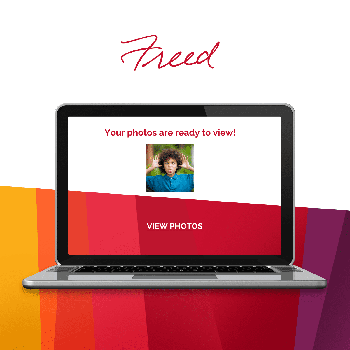 Freed Photography Your Photos Are Ready To View laptop mockup on rainbow color stripe background