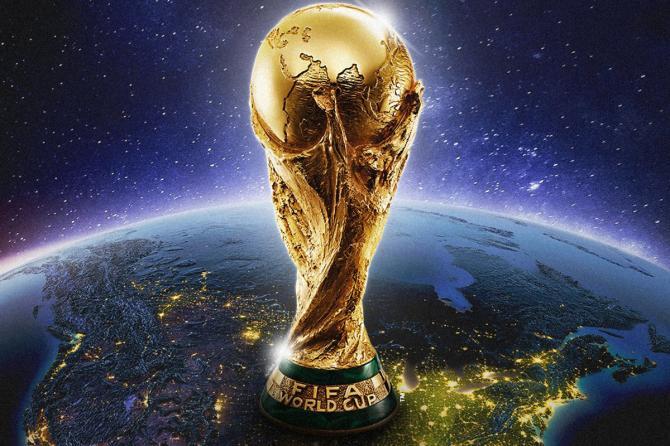 FIFA World Cup trophy over planet Earth from space