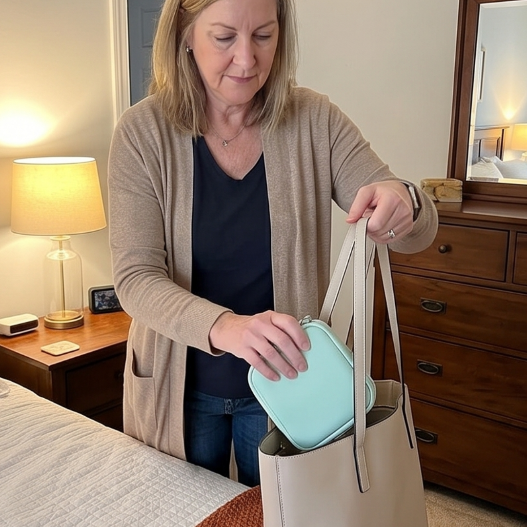 Cliente guardando organizador em bolsa bege