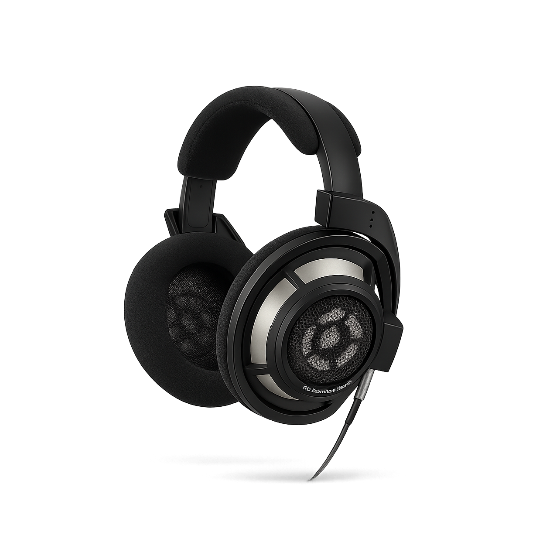 Reference over-ear headphones rendered three-quarter with chrome detailing