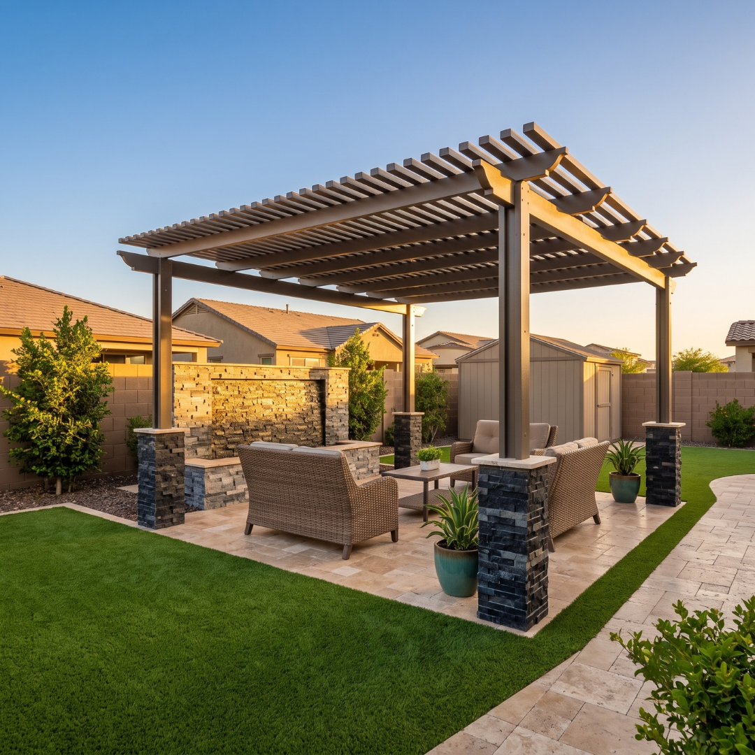 Backyard pergola with stacked-stone columns, a water feature wall, wicker seating, and artificial turf lawn