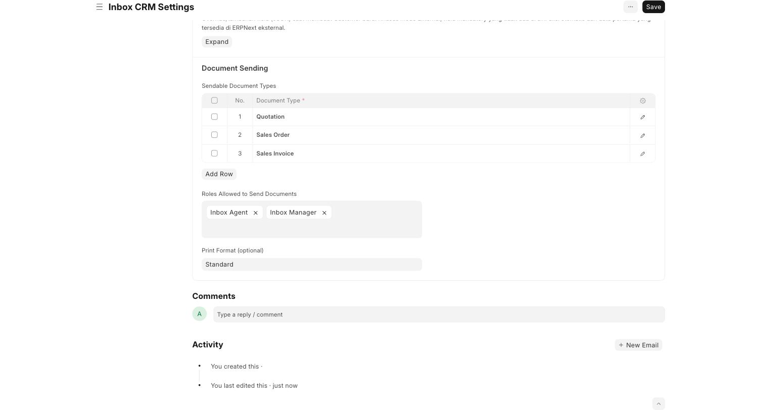 Pengaturan dokumen ERPNext yang bisa dikirim dari Sopwer Inbox