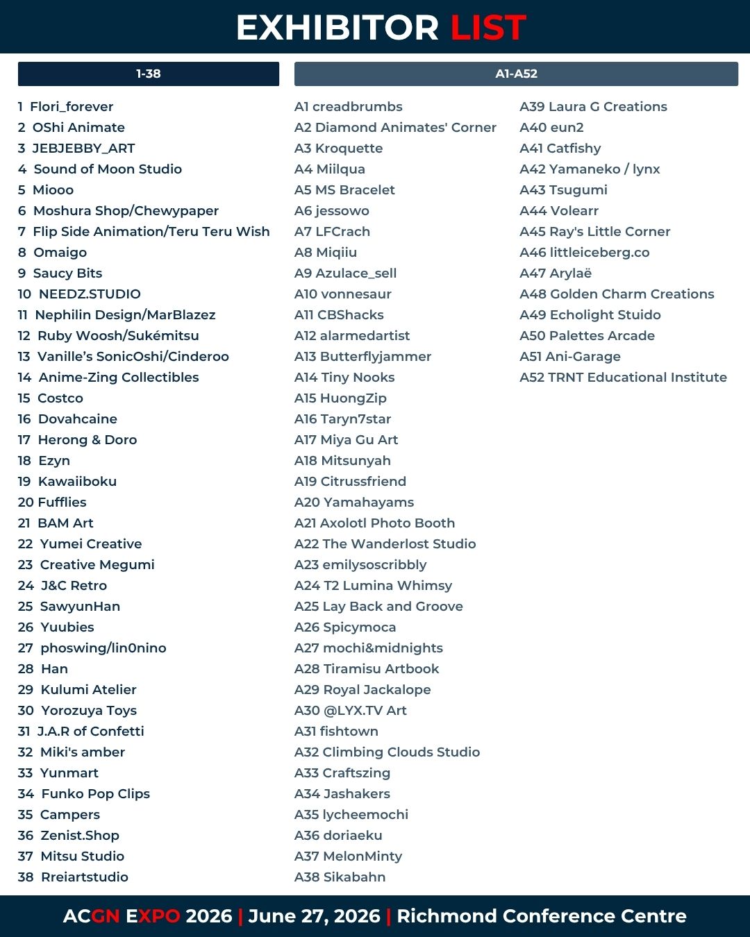 ACGN EXPO 2026 Exhibitor List