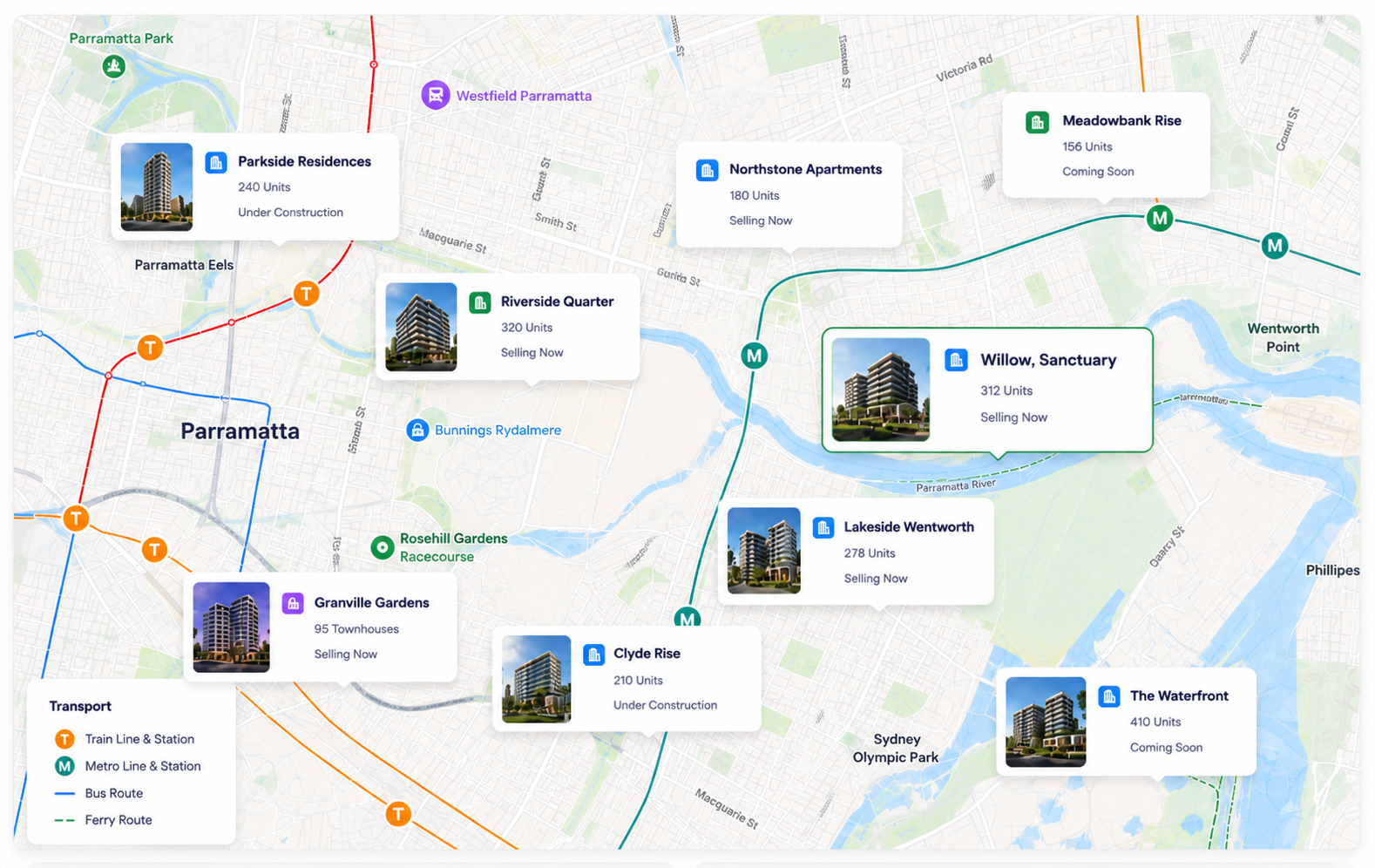 Map-based project discovery interface showing live apartment developments across Sydney with transport routes and project cards