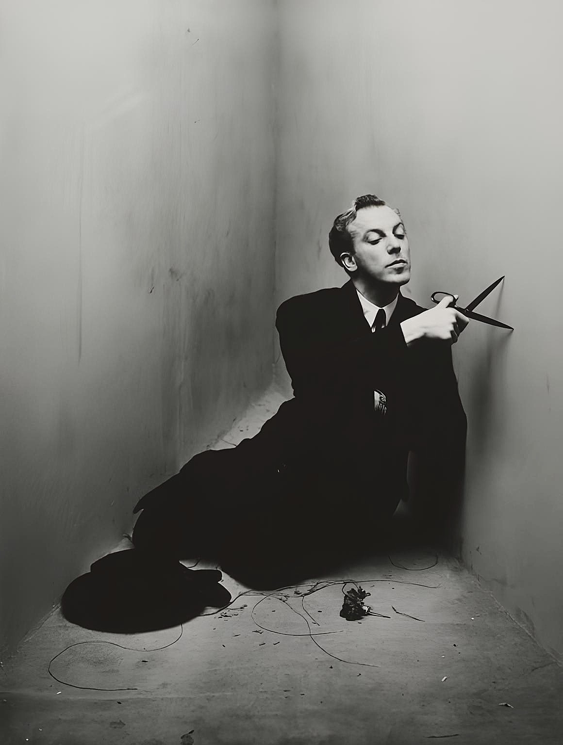 Jacques Fath seated in a corner holding scissors, dramatic black and white portrait