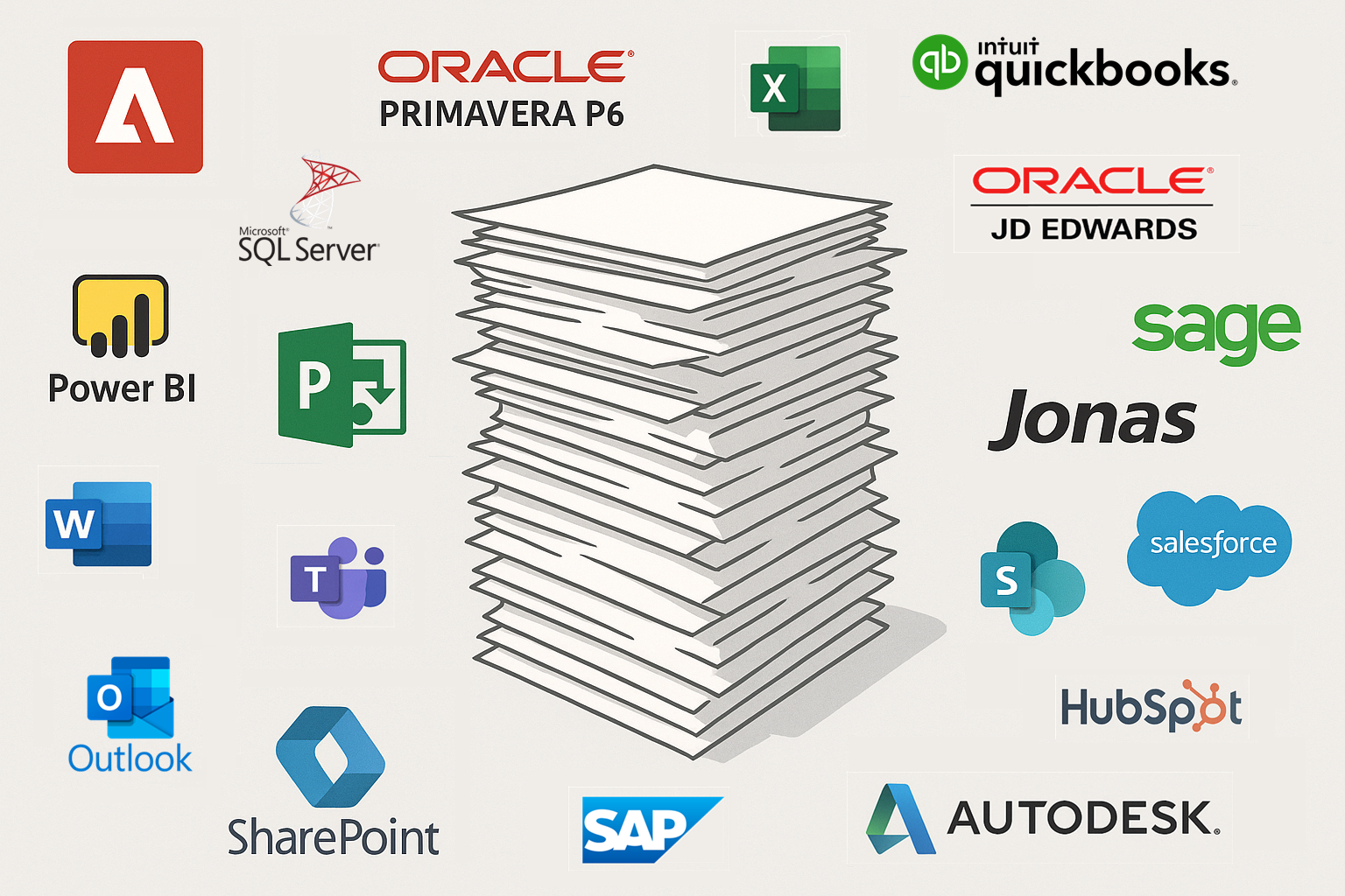 Fragmented Construction Software Solutions showing multiple disconnected tools and a central stack of documents