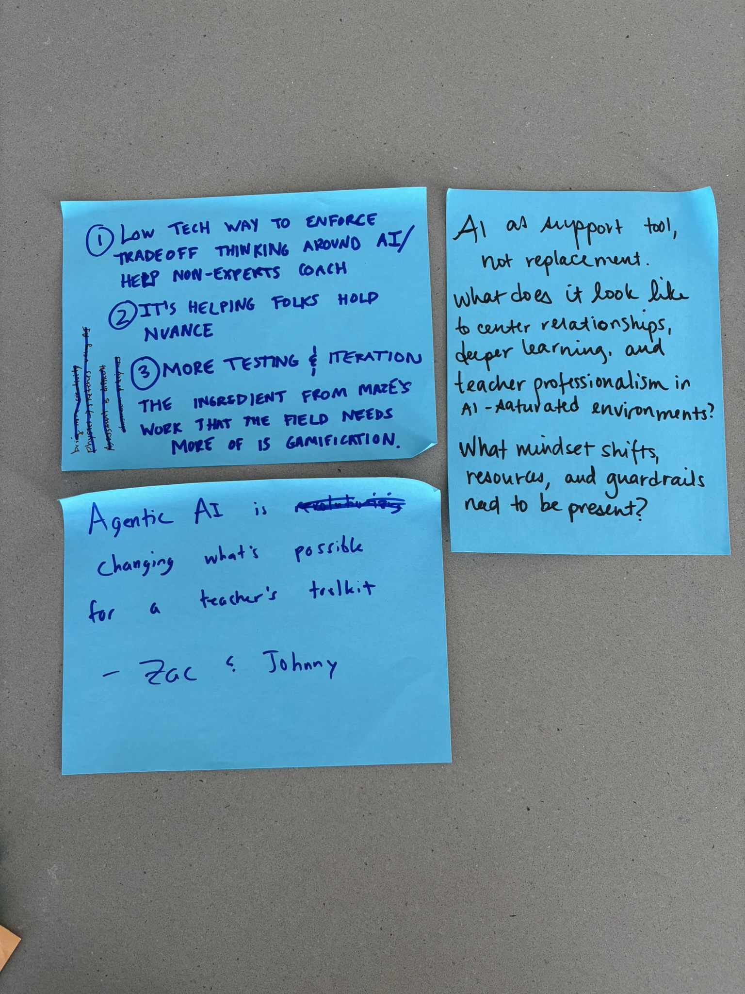 Blue sticky notes with insights about AI in education