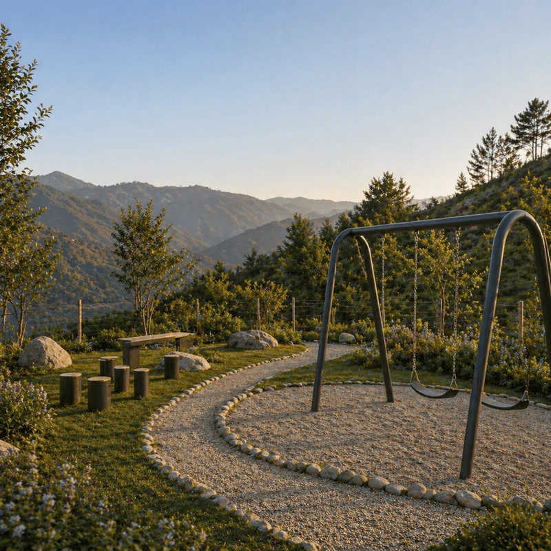 Outdoor play area with swings and mountain views