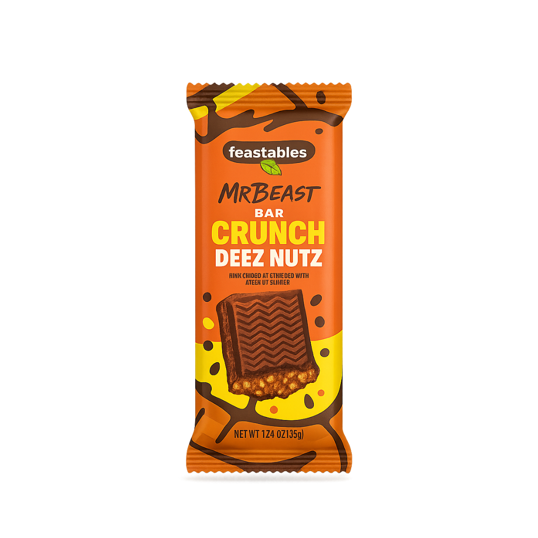 Feastables MrBeast crunch chocolate bar rendered front-facing with foil packaging detail
