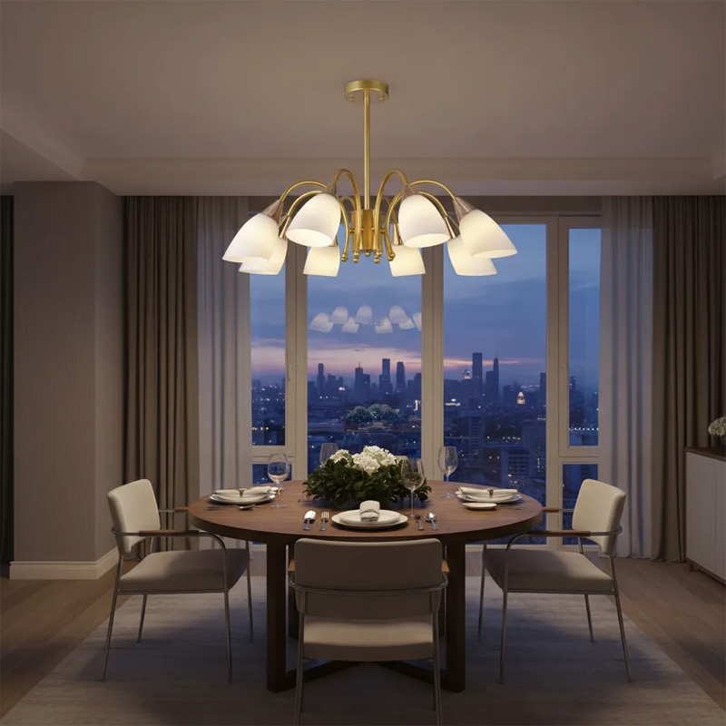 Pendente instalado em sala de jantar moderna com vista panorâmica