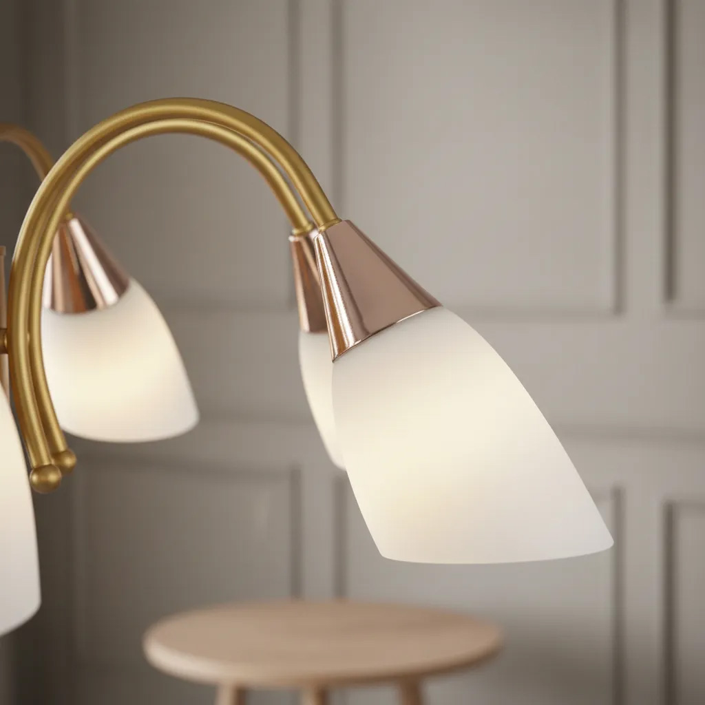Detalhe das cúpulas de vidro branco e acabamento dourado