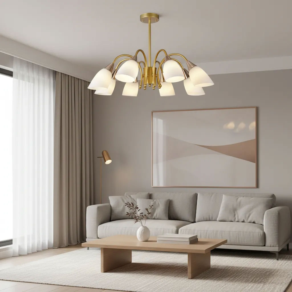 Pendente em sala de estar minimalista com sofá cinza